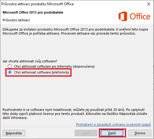 Telefonická aktivace - Office 2013